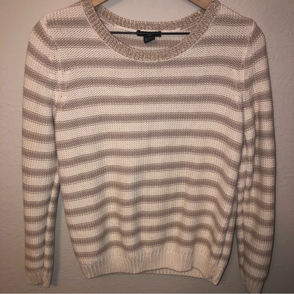 H&M cream and tan striped metallic gold round collar long sleeve sweater size s - Picture 5 of 6